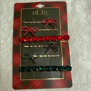 nOir Red and Green Jeweled Bow Hair Clip Set